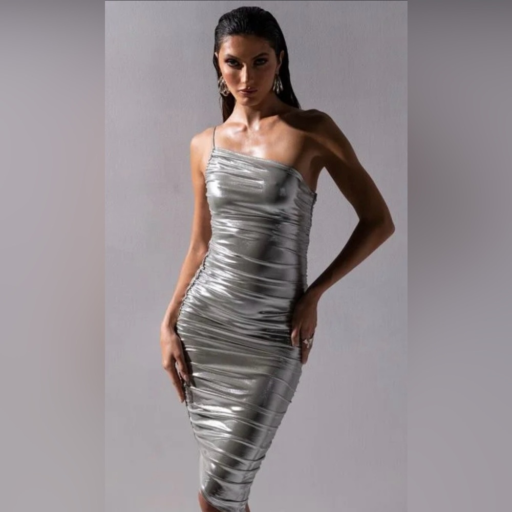 Ruched metallic midi dress